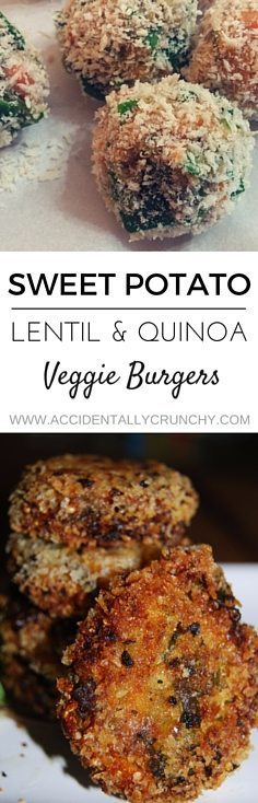 Vegan crispy burgers with sweet potato, lentils, quinoa, spinach and herbs