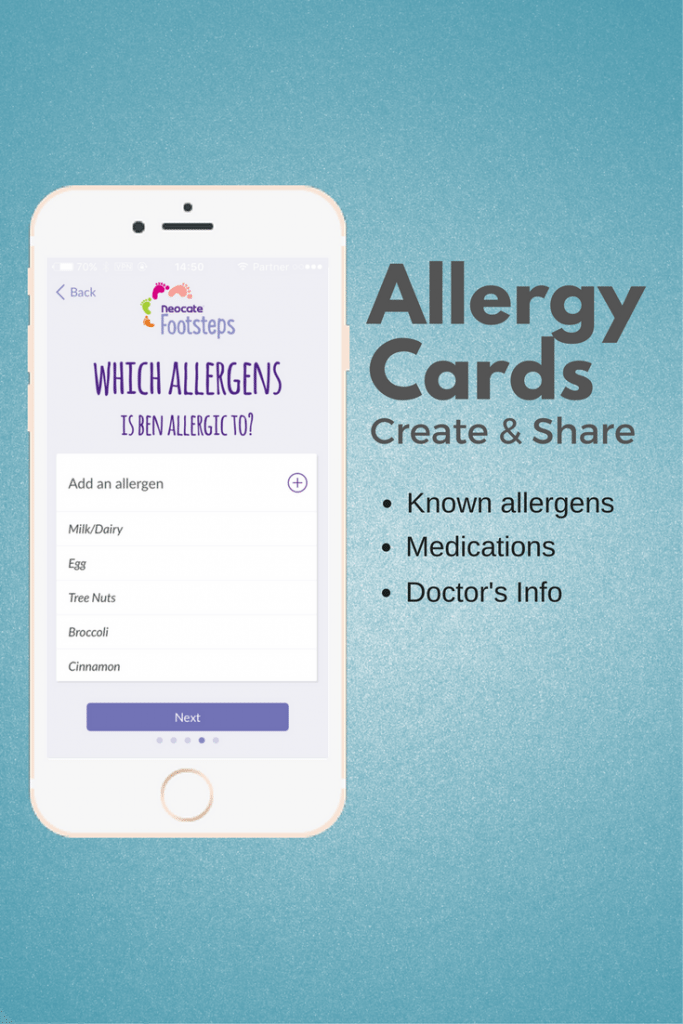 Use the Neocate Footsteps app to create an allergy card with details of your child's allergies and medical needs so that you can easily communicate these needs to babysitters, teachers, doctors and more | read more about Neocate Footsteps app at accidentallycrunchy.com