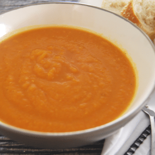This delicious, red lentil, sweet potato and pumpkin soup is naturally Top 8 allergen-free, gluten-free, vegan | find the recipe at accidentallycrunchy.com
